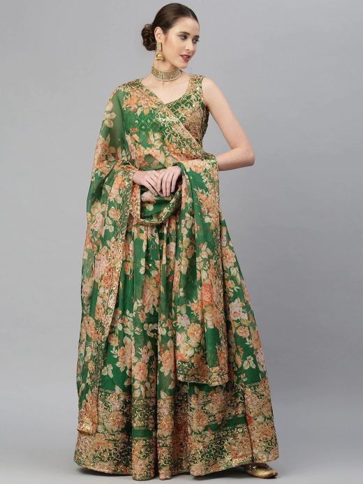 Green & Peach-Coloured Embellished Sequinned Semi-Stitched Myntra Lehenga & Unstitched Blouse
