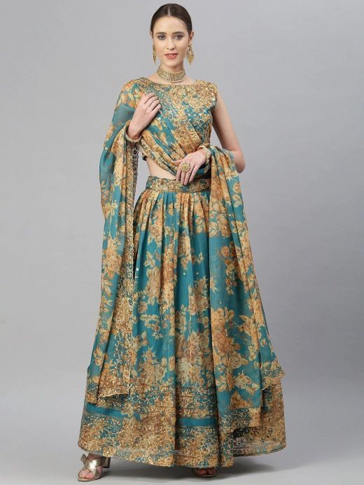 Teal & Peach-Coloured Embellished Sequinned Semi-Stitched Myntra Lehenga & Unstitched Blouse