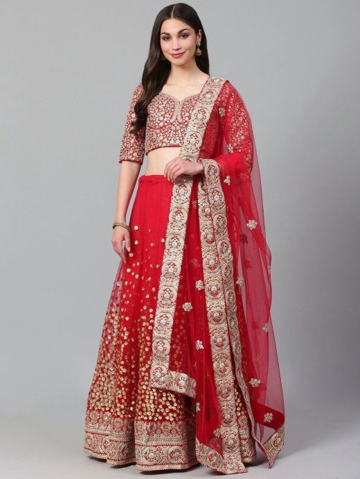Red & Gold-Toned Embroidered Semi-Stitched Myntra Bridal Lehenga & Unstitched Blouse with Dupatta