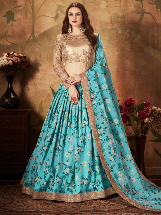 Sky blue satin banglory designer digital print and sequence worked  ceremonial lehenga choli | Girls dress sewing patterns, Fashion sketches  dresses, Lehenga blouse designs