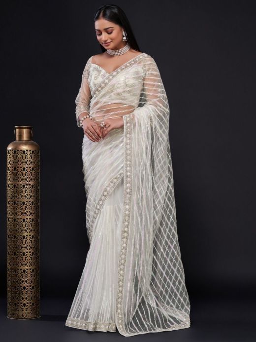 Glamorous White Sequin Work Net Party Wear Saree With Blouse