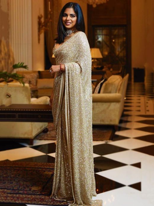 Sabyasachi Cream Sequins Georgette Party Wear Saree With Blouse