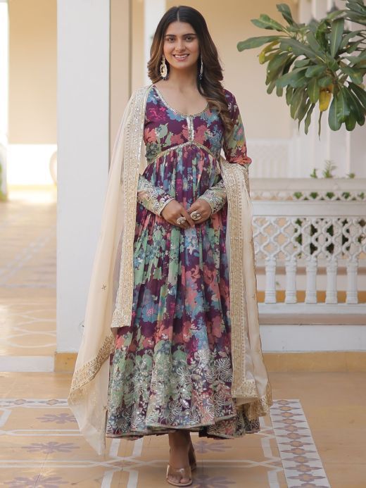 Enchanting Wine Floral Printed Silk Traditional Gown With Dupatta