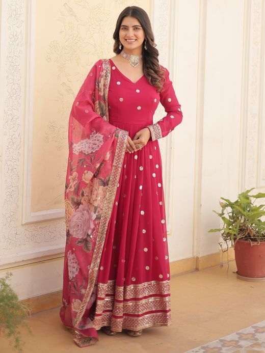 Fascinating Rani Pink Embroidered Georgette Event Wear Gown