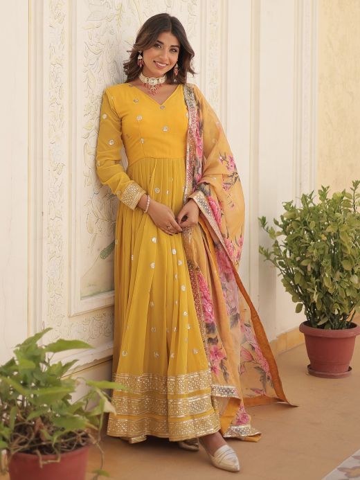 Bewitching Yellow Embroidered Georgette Haldi Wear Gown With Dupatta