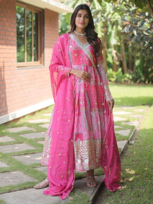 Mesmerizing Pink Digital Printed Silk Festival Wear Gown With Dupatta