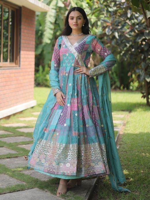 Fascinating Sky-Blue Digital Printed Silk Event Wear Gown With Dupatta