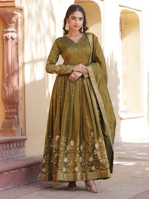 Spectacular Olive Green Embroidered Viscose Mehendi Wear Gown