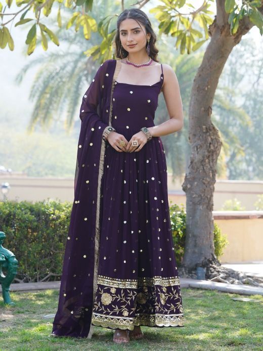 Astonishing Wine Sequins Georgette Function Wear Gown With Dupatta