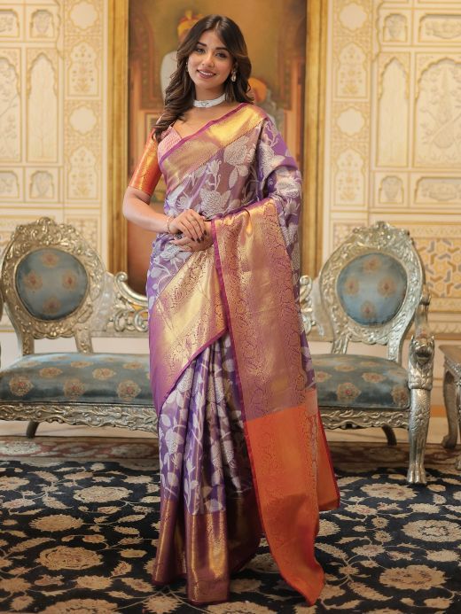 Attractive Purple Zari Weaving Kanjivaram Silk Function Wear Saree