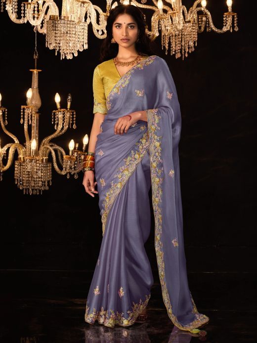 Glamorous Dusty Purple Embroidered Silk Saree With Blouse