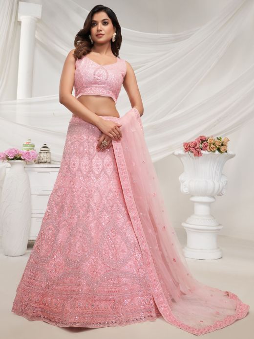 Attractive Pink Sequins Net Bridesmaid Lehenga Choli With Dupatta