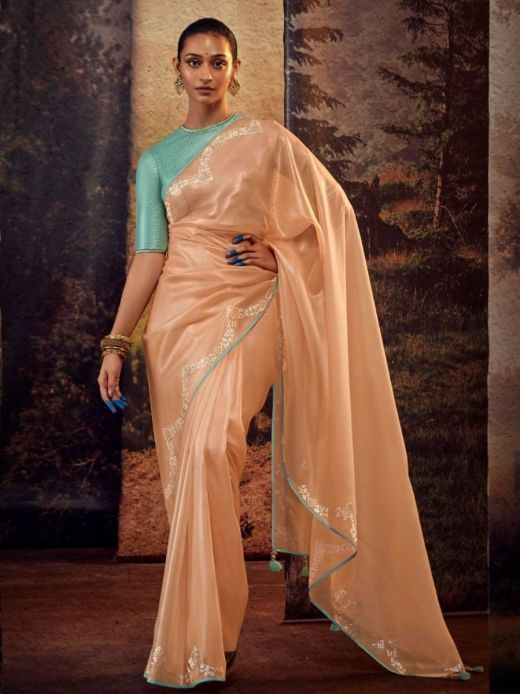 Lovely Peach Banglory Silk Party Wear Saree With Blouse