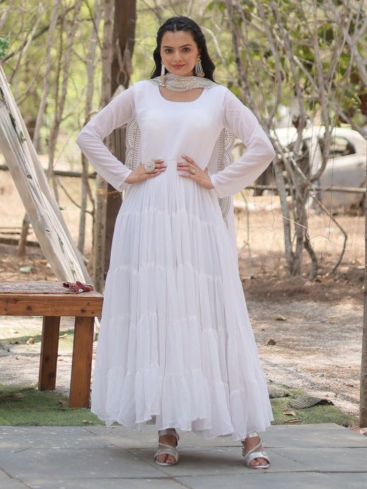 Charming White Georgette Function Wear Gown With Dupatta