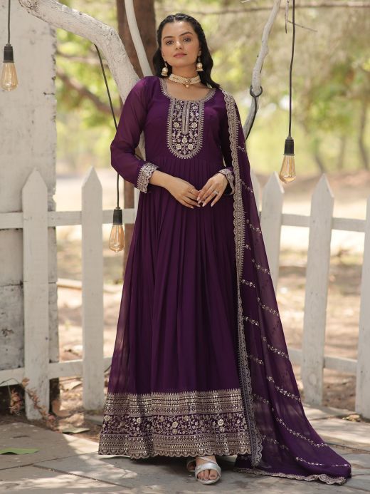 Bewitching Purple Sequins Georgette Designer Gown With Dupatta