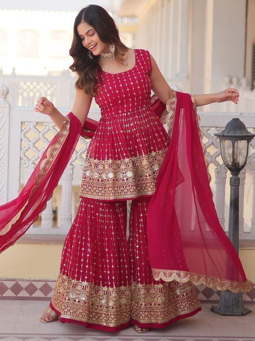 Alluring Rani Pink Sequins Georgette Wedding Wear Sharara Suit