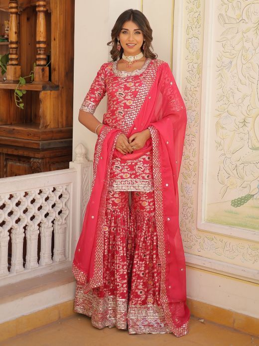Bewitching Rani Pink Embroidered Jacquard Designer Sharara Suit