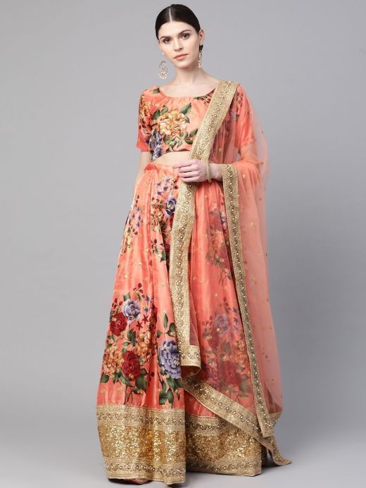 Peach-Coloured & Pink Printed Semi-Stitched Myntra Lehenga & Unstitched Blouse with Dupatta