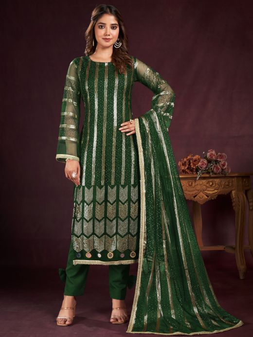 Fabulous Green Sequins Net Mehendi Wear Salwar Kameez With Dupatta