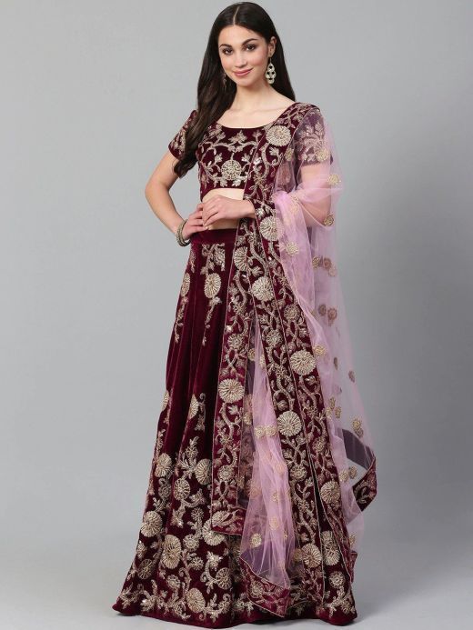 Purple & Golden Semi-Stitched Myntra Party Wear Lehenga & Unstitched Blouse with Dupatta