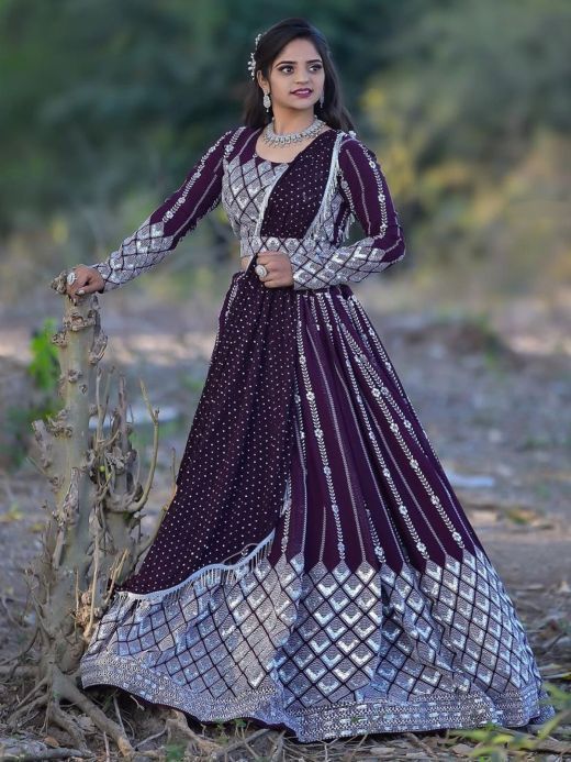 Fabulous Purple Sequins Georgette Designer Lehenga Choli With Dupatta