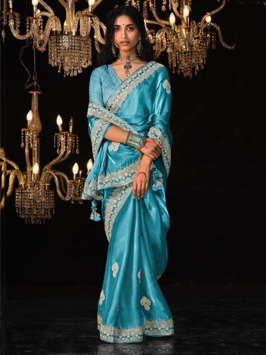 Charming Sky-Blue Embroidered Tissue Silk Wedding Wear Saree