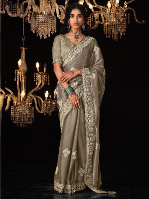 Stunning Brown Embroidered Tissue Silk Reception Wear Saree