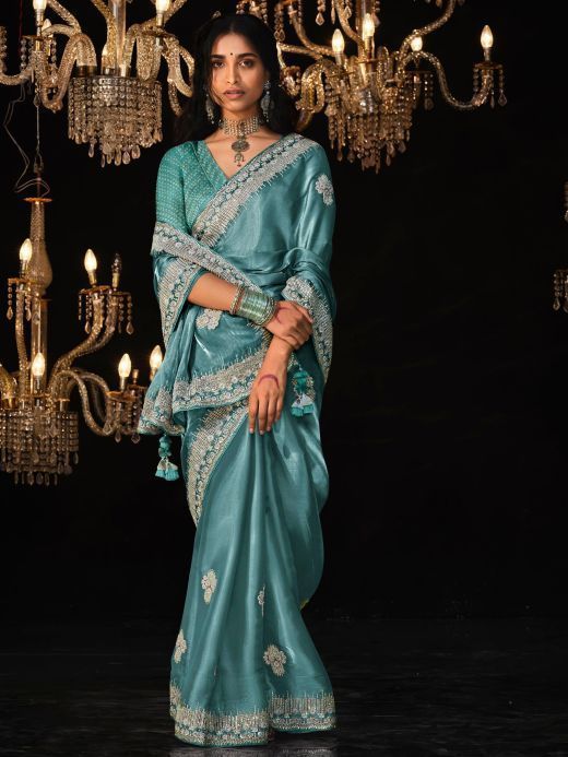 Captivating Teal Blue Embroidered Tissue Silk Party Wear Saree