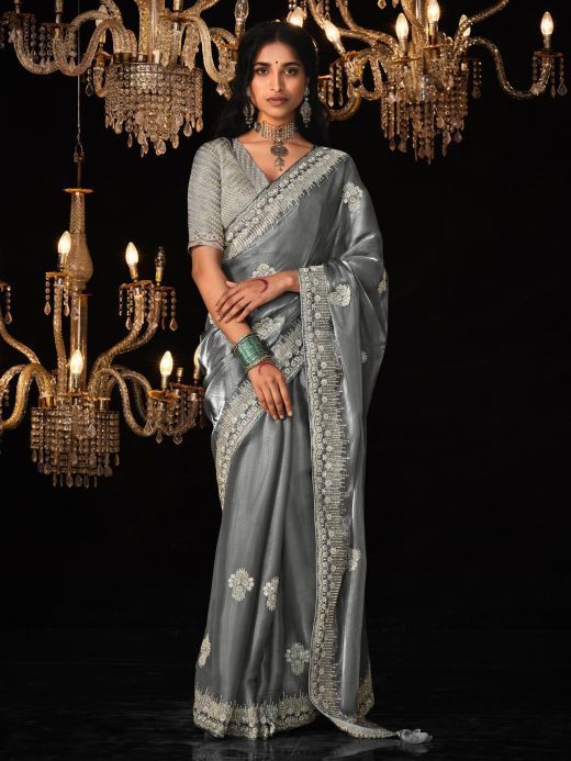 Fascinating Grey Embroidered Tissue Silk Designer Saree With Blouse