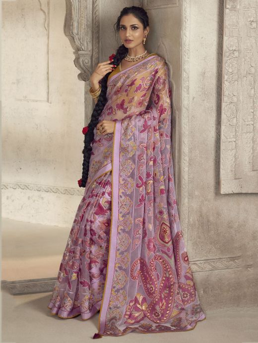 Enchanting Pink Brasso Work Organza Event Wear Saree With Blouse