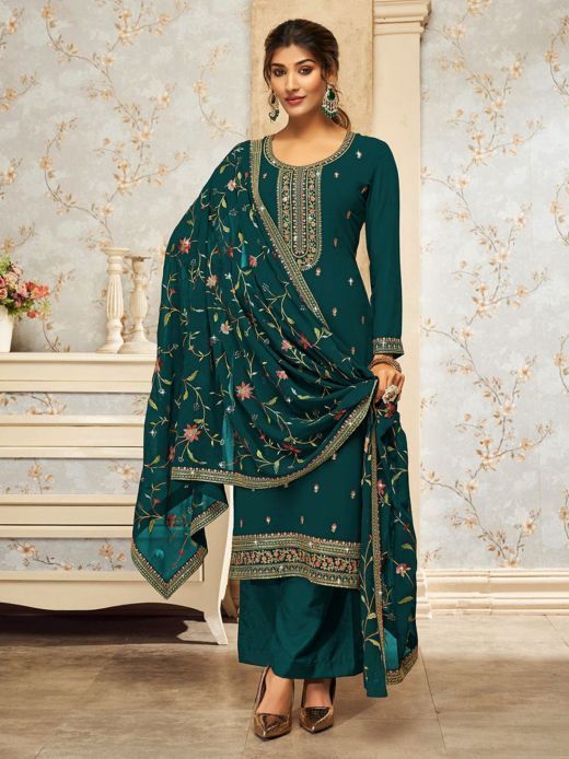 Enchanting Green Embroidered Georgette Mehendi Wear Palazzo Suit