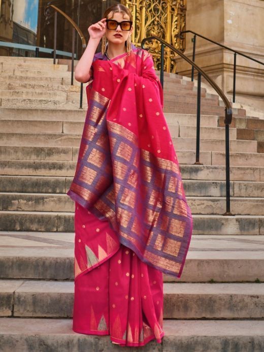 Astounding Rani Pink Zari Woven Silk Festival Wear Saree With Blouse