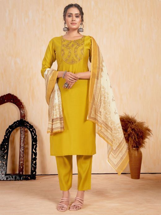 Astonishing Yellow Embroidered Silk Haldi Wear Pant Suit With Dupatta