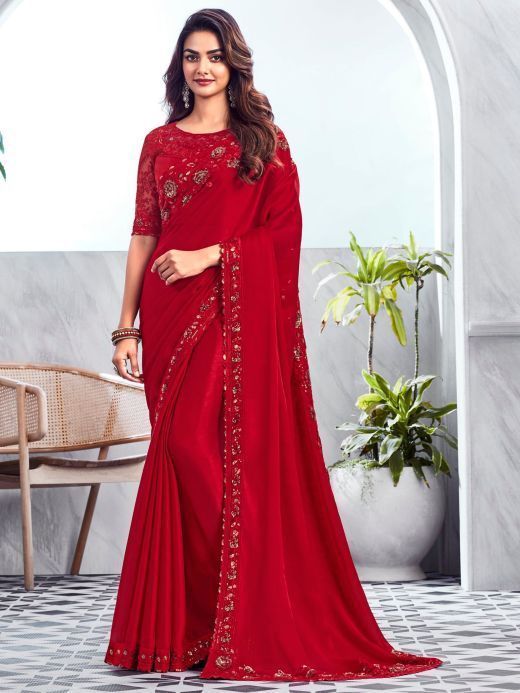 Astonishing Red Sequins Chiffon Party Wear Saree With Blouse