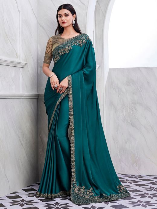 Wonderful Teal Green Sequins Silk Designer Saree With Blouse
