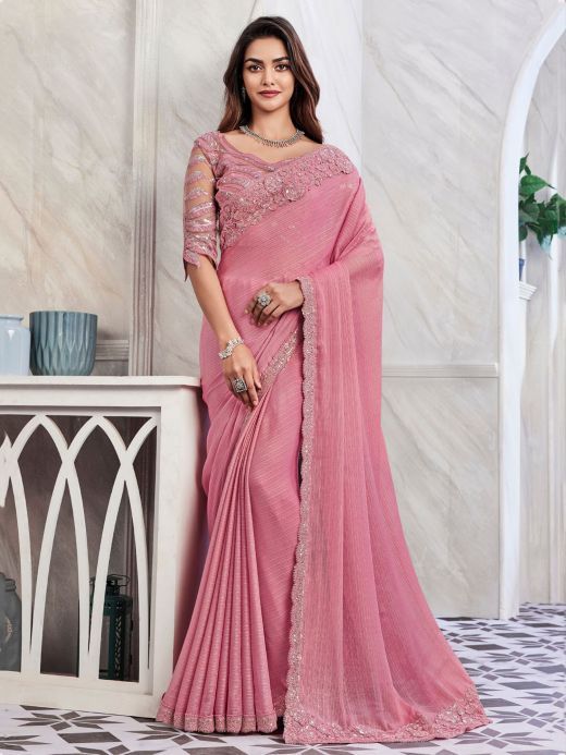 Glamorous Pink Embroidered Shimmer Silk Bridesmaid Saree