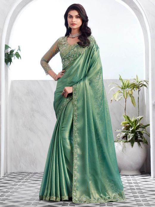 Attractive Green Embroidered Shimmer Silk Engagement Wear Saree