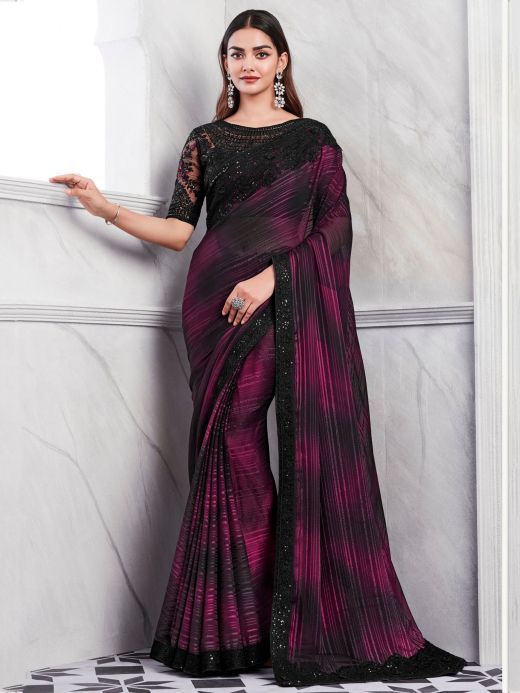 Gorgeous Magenta & Black Sequins Silk Reception Wear Saree