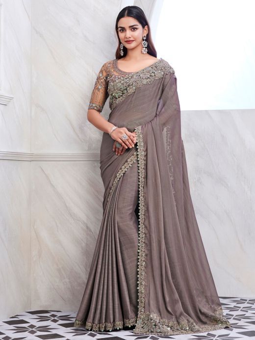 Enchanting Grey Embroidered Silk Festival Wear Saree With Blouse