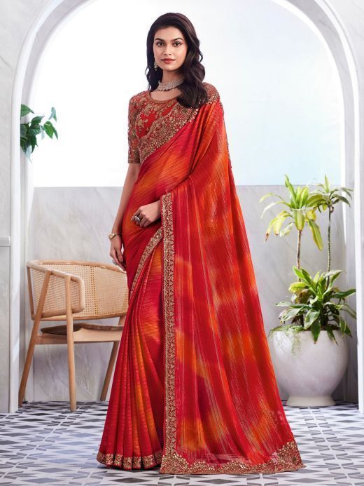 Beautiful Orange & Red Embroidered Silk Wedding Saree With Blouse