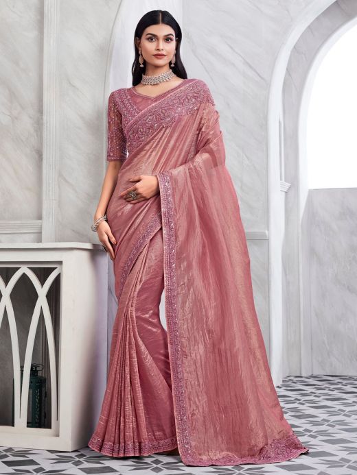 Fascinating Pink Embroidered Silk Engagement Wear Saree With Blouse
