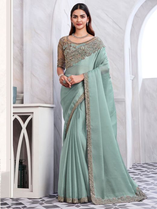 Alluring Mint Green Sequins Silk Party Wear Saree With Blouse