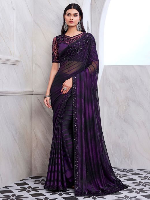 Charming Black & Purple Sequins Silk Reception Wear Saree With Blouse