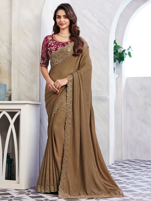 Magnetic Brown Embroidered Silk Reception Wear Saree With Blouse