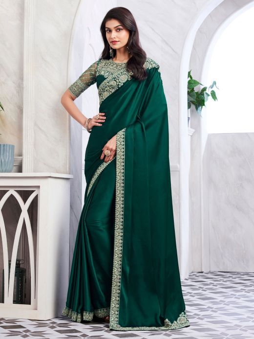 Alluring Green Embroidered Silk Festival Wear Saree With Blouse