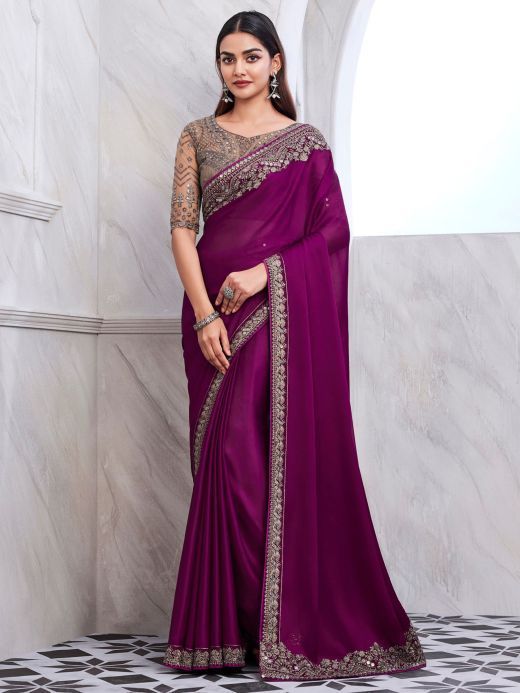 Glamorous Wine Sequins Chiffon Party Wear Saree With Blouse
