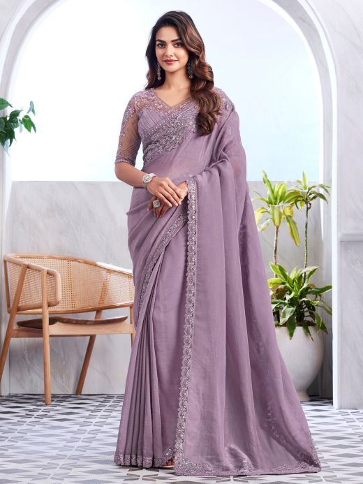 Fabulous Light Purple Embroidered Silk Bridesmaid Saree With Blouse