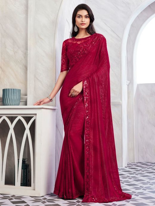 Precious Maroon Embroidered Shimmer Silk Party Wear Saree With Blouse