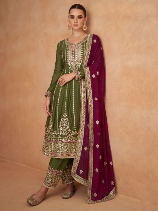 Attractive Green Embroidered Chinon Function Wear Salwar Suit