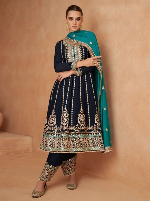 Gorgeous Navy Blue Embroidered Chinon Festival Wear Salwar Suit